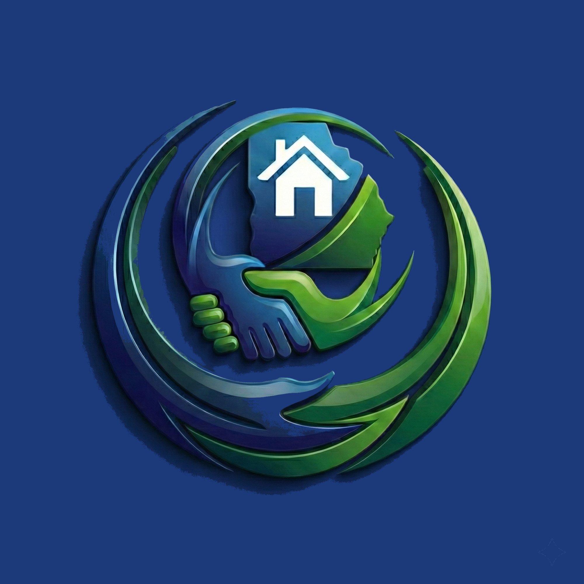 GECN, Hands clasping around a home, blue and green globe logo